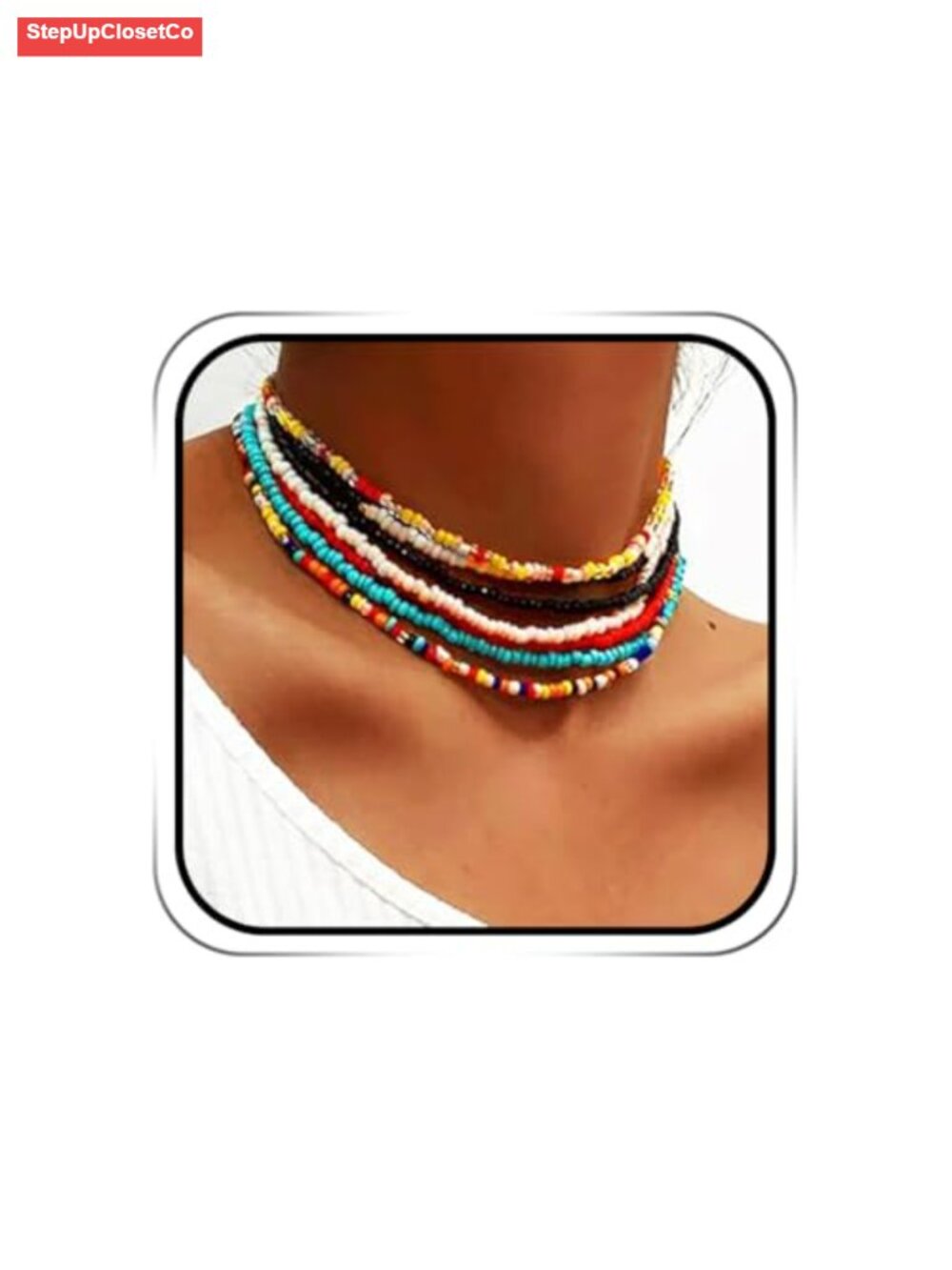 Layered Beaded Choker Necklace Set of 7 Boho Bohemian Alloy Seed Beads